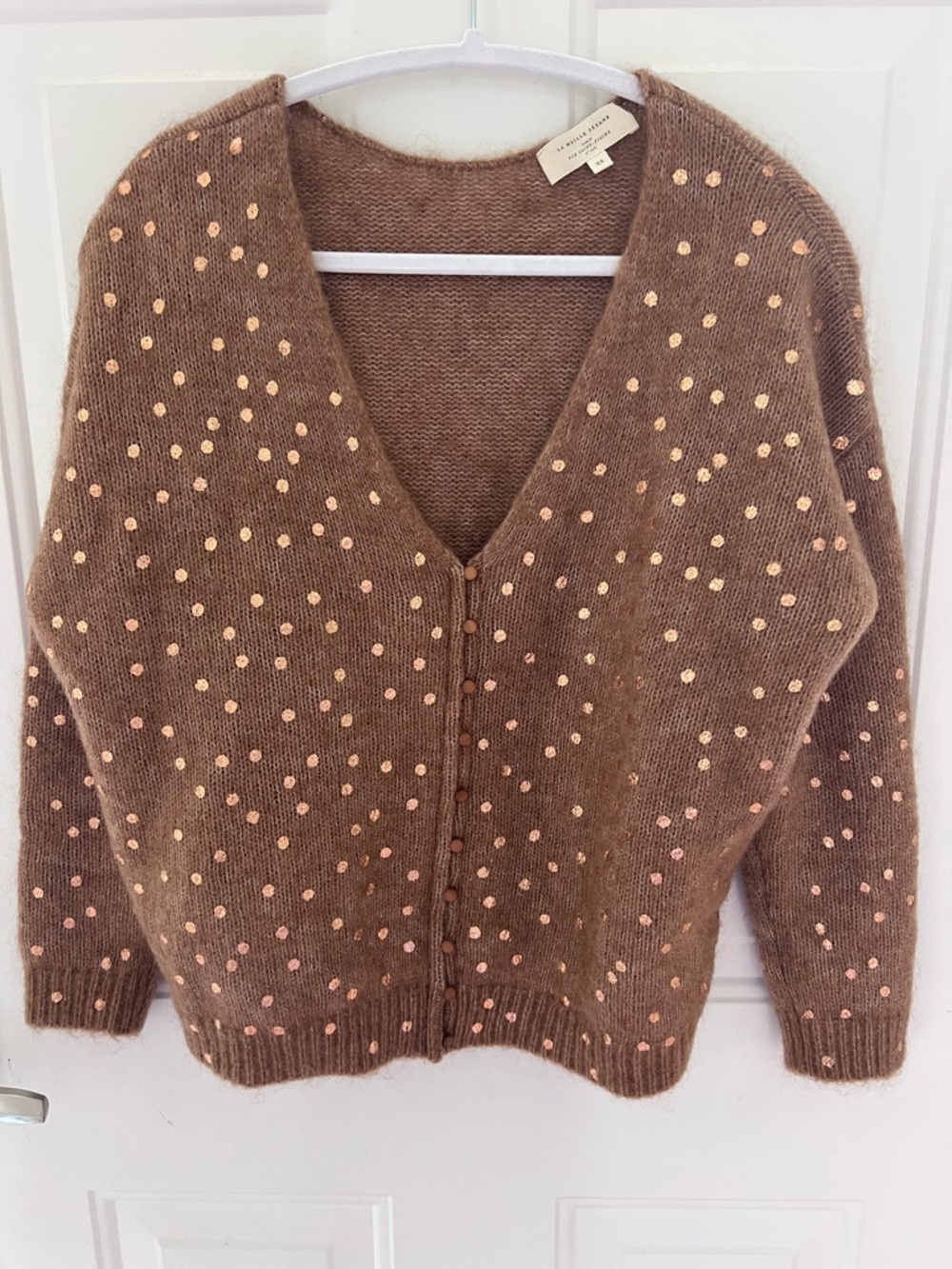 Sezane Brown V-Neck Cardigan with Gold Sequin Dots